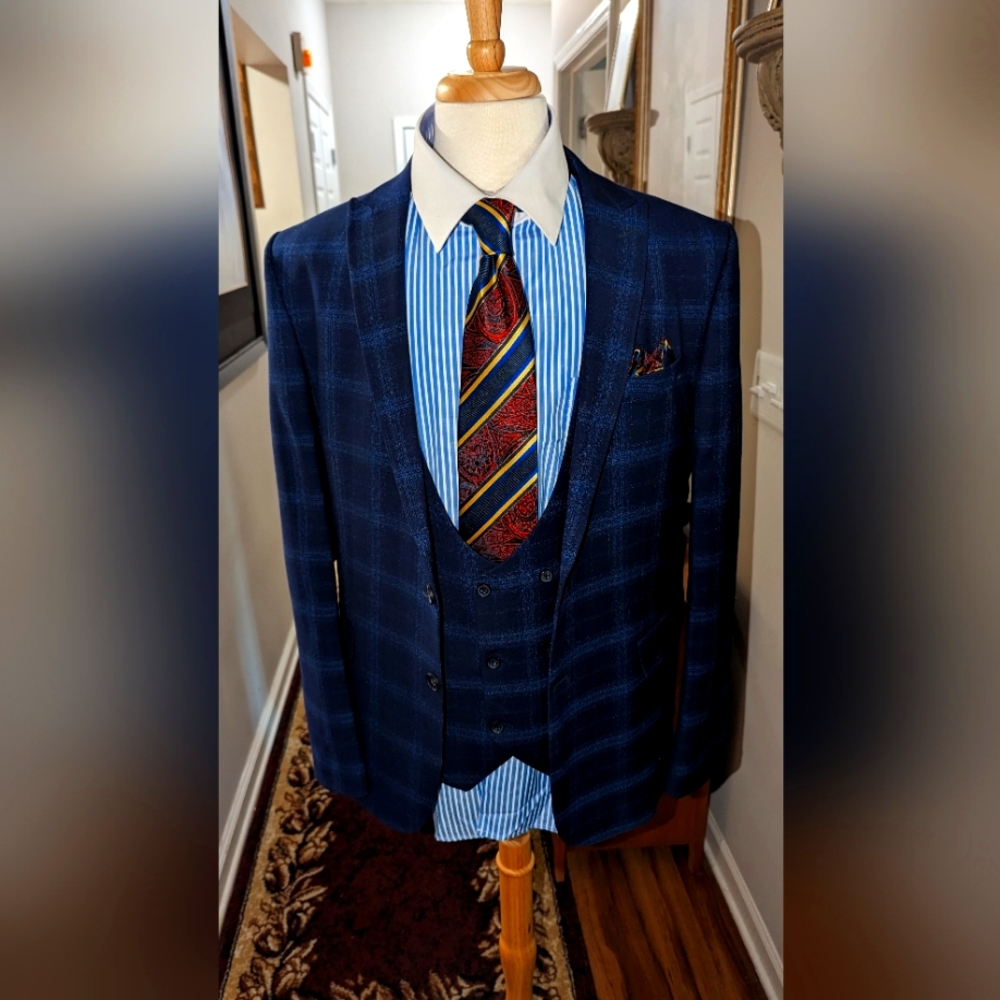Men's suit Brand BONTE VISTA Three piece suit navy blue Window Pane
